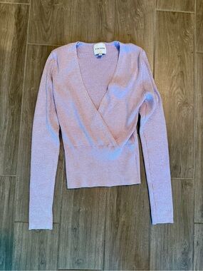 Women's Size M Pale Pink Sparkly Wrap-Front Ribbed Sweater, Ballet Core, Fall